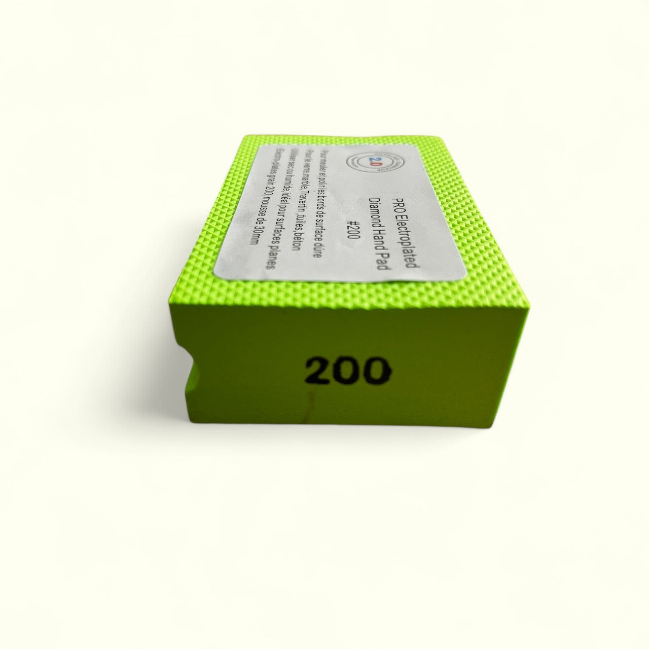 Cale diamantée verte grain 200 avec bloc mousse ergonomique pour finitions pro de carrelage et pierre