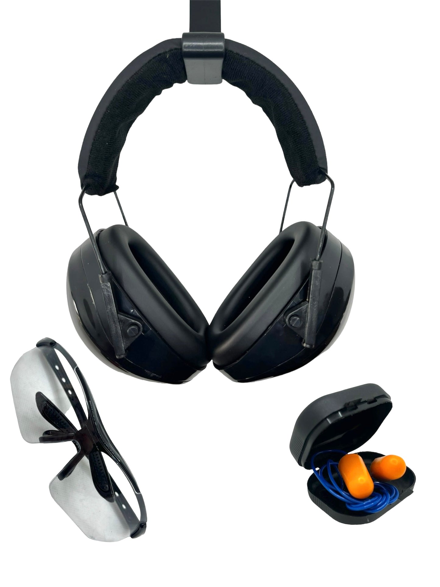 Casque antibruit suspendu, lunettes de protection et bouchons d’oreilles