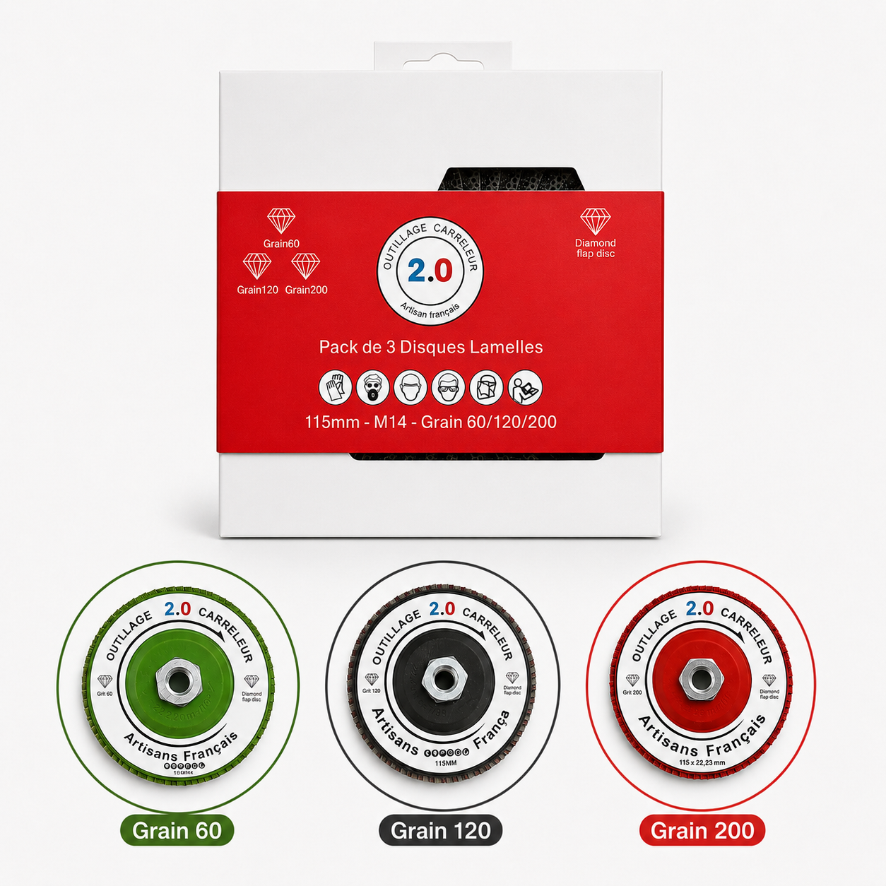 Pack de 3 Disques à Lamelles Diamantés Ø115 mm Grain 60, 120 et 200 – M14